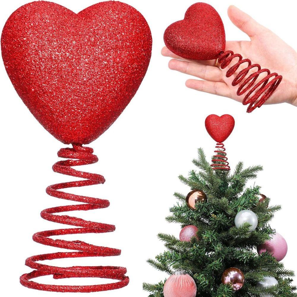 Rotes Herz Valentinstagsdekoration Glitzer/Samt Spiralfeder Herz Baumspitze Flexibel Einfach zu installieren