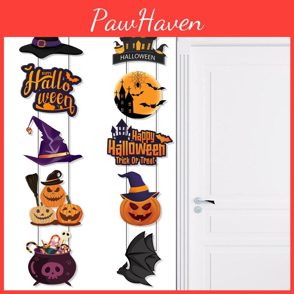 Festive Halloween Door Decoration With Paper Pumpkin And Bat Scene For Haunted House