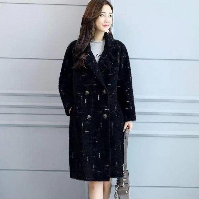 

Женское средне-длинное модное пальто с принтом темперамента, зимнее теплое свободное повседневное универсальное пальто с лацканами, двусторонняя бархатная верхняя одежда 2XL чёрный