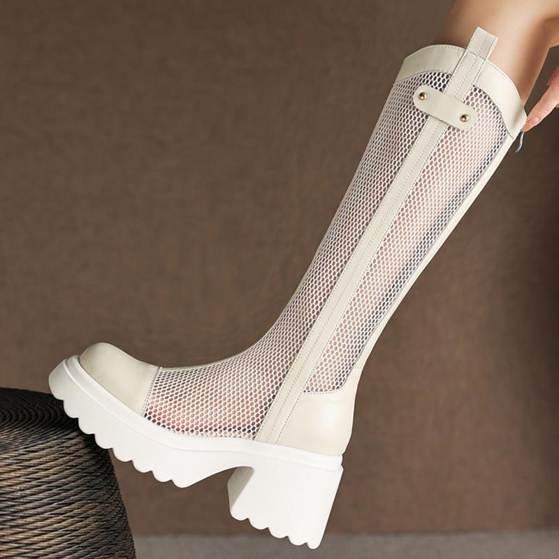 Thin Thick-soled Boots Women's Leather Mesh Muffin and Knee Cool Boots 2025 New Summer Hollow High-heeled High Boots