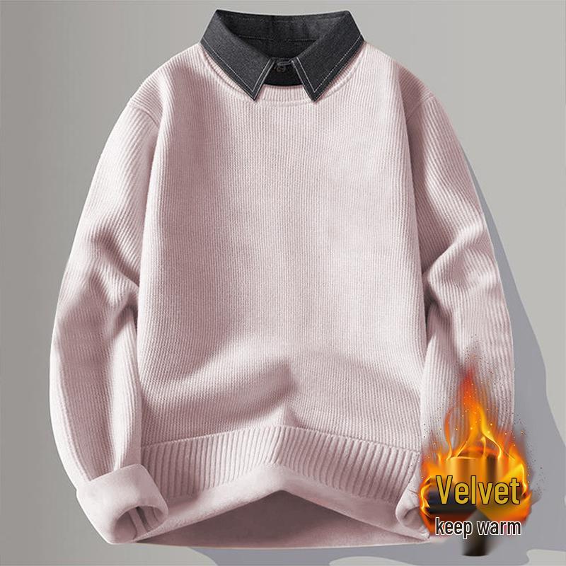 Herren Neuankunft Revers 2-in-1 Langarm Einfarbig Plus Samt Dick Gestrickter Pullover