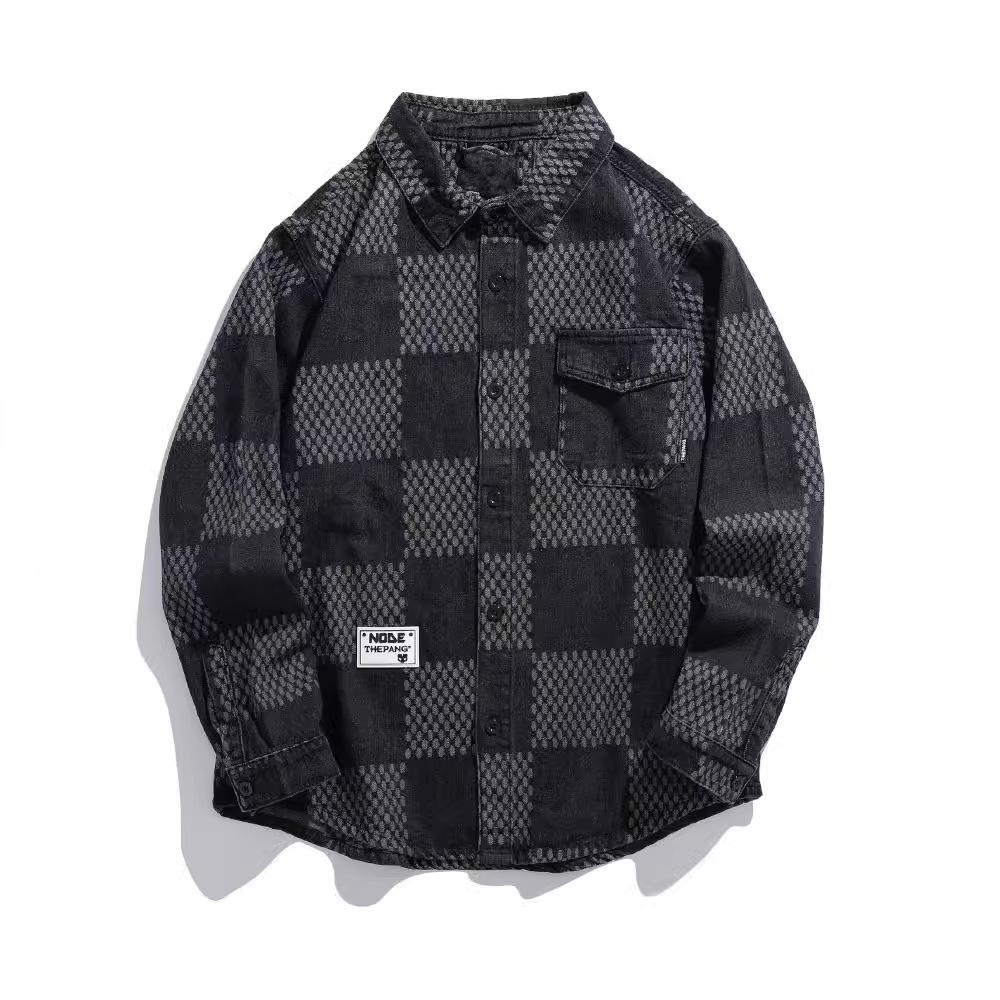 Checkerboard Pattern Plus Size Men's Windproof Warm Jacket Fashionable Versatile Casual Sports Lightweight Jacket Denim Jacket
