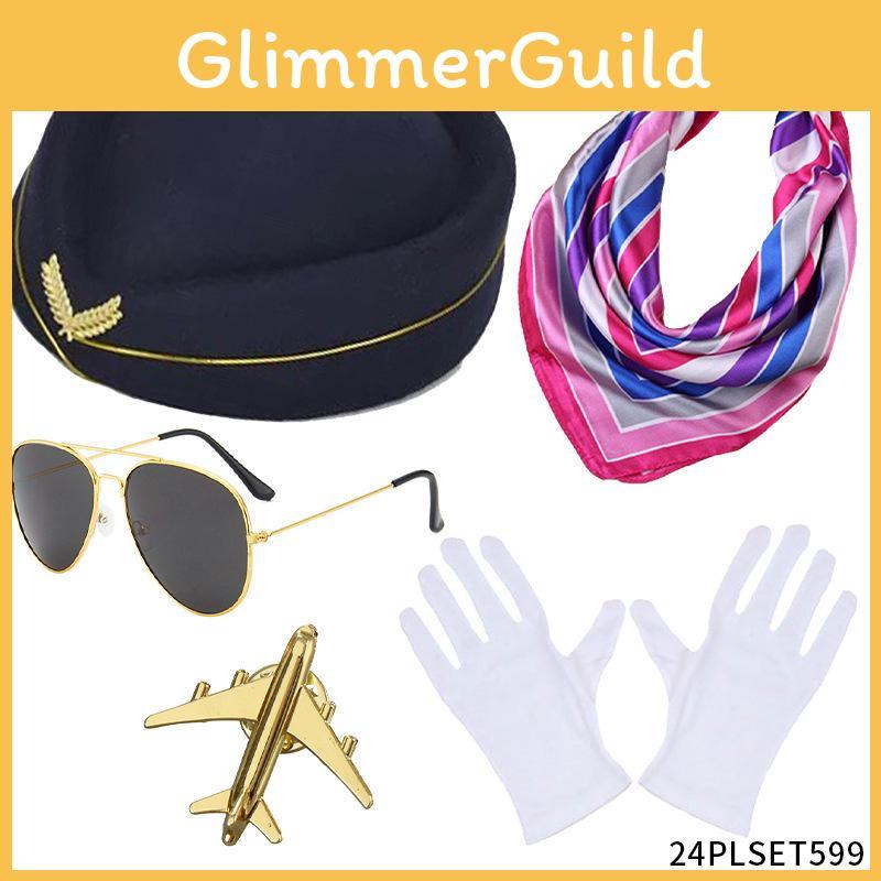 Stylish Pilot Flight Attendant Costume Set With Beret Scarf Gloves Sunglasses And Badge