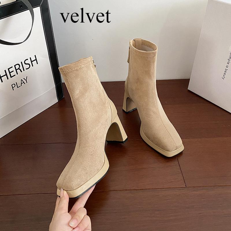 

Модные женские осенне-зимние новые замшевые короткие ботинки на толстом каблуке, облегающие ботинки, черные короткие ботинки с квадратным носком, женская платформа 39