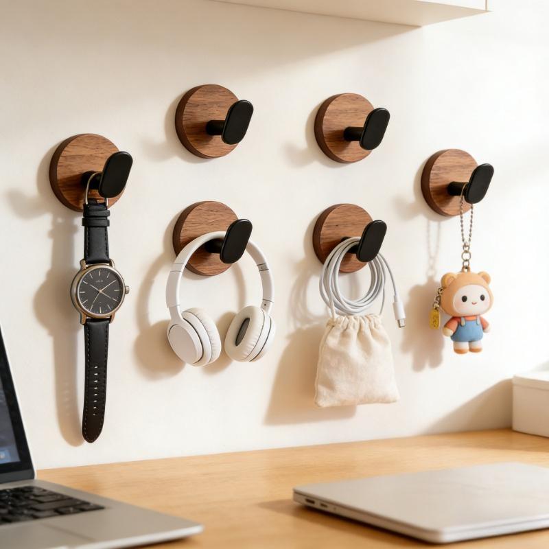 Round Walnut Wood Hooks, Walnut Wood No-Drill Hooks,Strong Adhesive Wall-Mounted Hooks,Door Back Kitchen Bathroom Storage Hooks