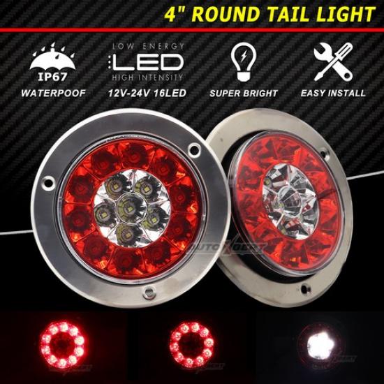 2pc 4inch Round Red White 16-LED Truck Trailer Brake Stop TurnSignal Tail Lights