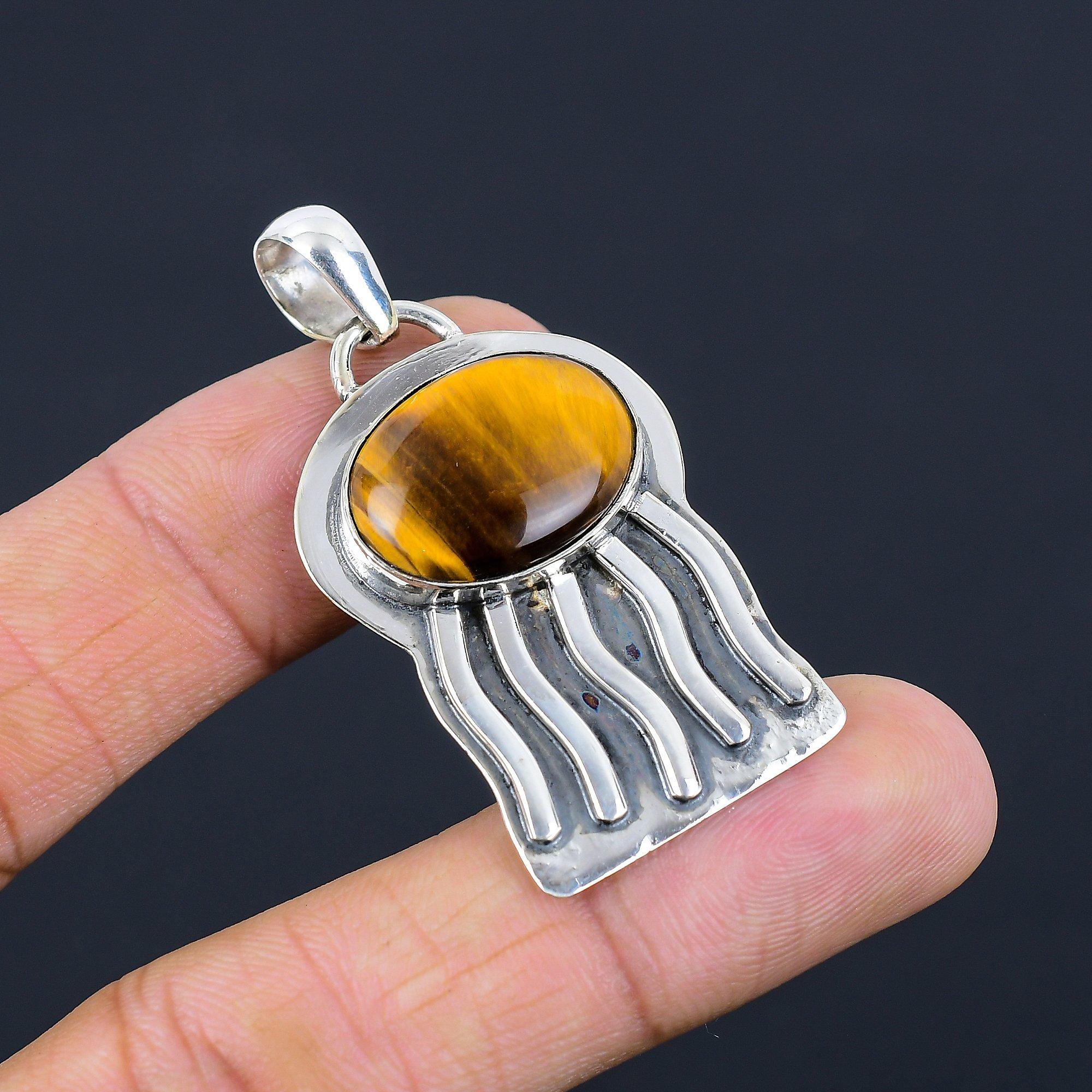 Sterling Silver Oval Tiger Eye Stone Ethnic Bezel Sister Wedding Pendant Jewelry