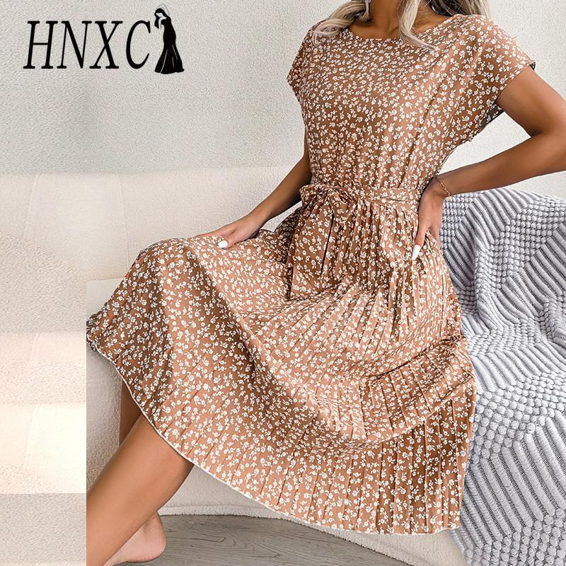 HNXC Spring Summer Women Pleated A-Line Short Sleeve Floral Print Long Dress S-3XL