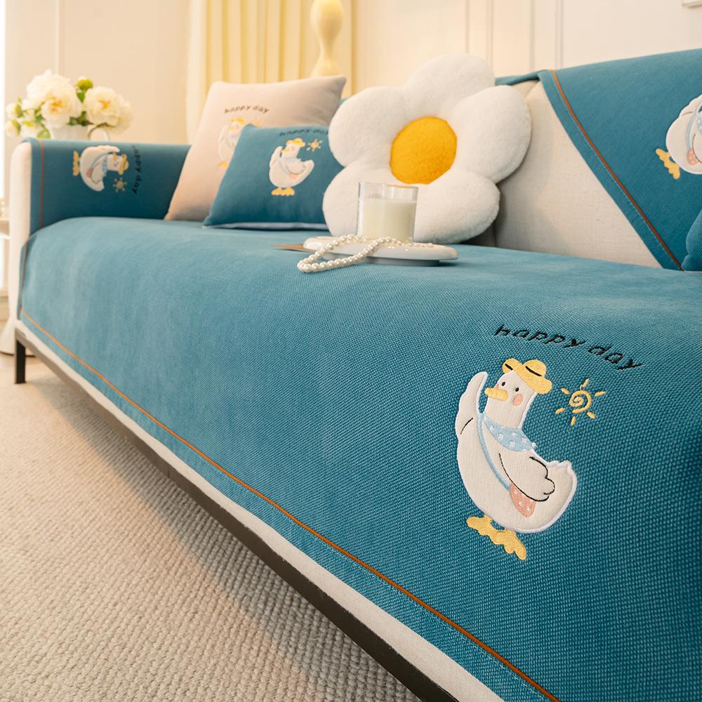 Embroidery Cartoon Duck Sofa Cushion Universal In All Seasons  New Chenille Fixed Non-Slip Sofa Seat Cushion Cover Cloth