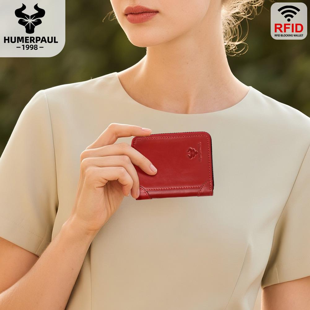 Humerpaul Ladies Wallet First Layer Cowhide Wallet Coin Purse RIFID Anti-theft Brush Organ Wallet Zipper Opening