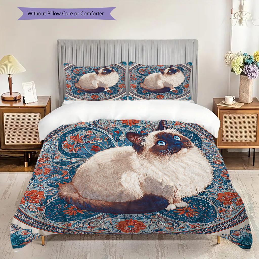 Weißes Katzenmuster Bettwäsche Steppdecke Set Deckenbezug Kissenbezug Heimdekoration Geburtstagsgeschenk (1 Bettbezug + 2 Kissenbezüge, ohne Füllung)