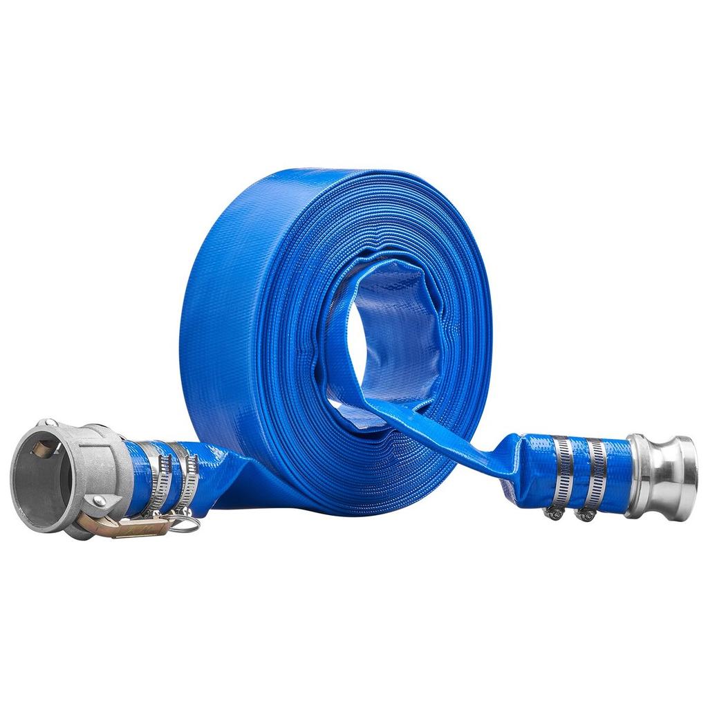 Wąż do płukania wstecznego, 2 cale x 50 stóp, Wytrzymały płaski wąż do odprowadzania wody z basenu z PVC z aluminiowymi złączkami Camlock C i E, Zaciski, Kompatybilny z pompami, piaskiem
