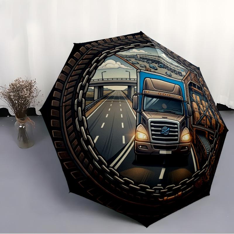 Logistics Transportation Pattern Umbrella, Portable and Foldable Design, 8 Ribs, a Casual Accessory for Halloween, Christmas, and Birthday Gifts.