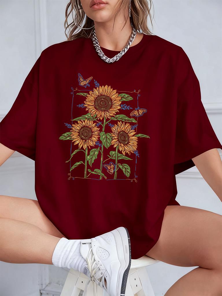 Sunflower Oil Printing Prints TShirts Womens Summer Cotton Short Sleeve T Shirt Loose ONeck Comfortable Tops Casual Clothes