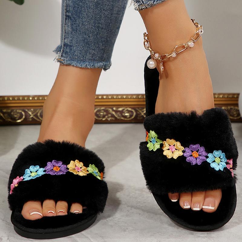 Fashion Flower Embroidery Plush Slippers Women Soft Black Faux Fur House Cotton Slides Woman Indoor Non Slip Flat Heel Fur Slippers Lady