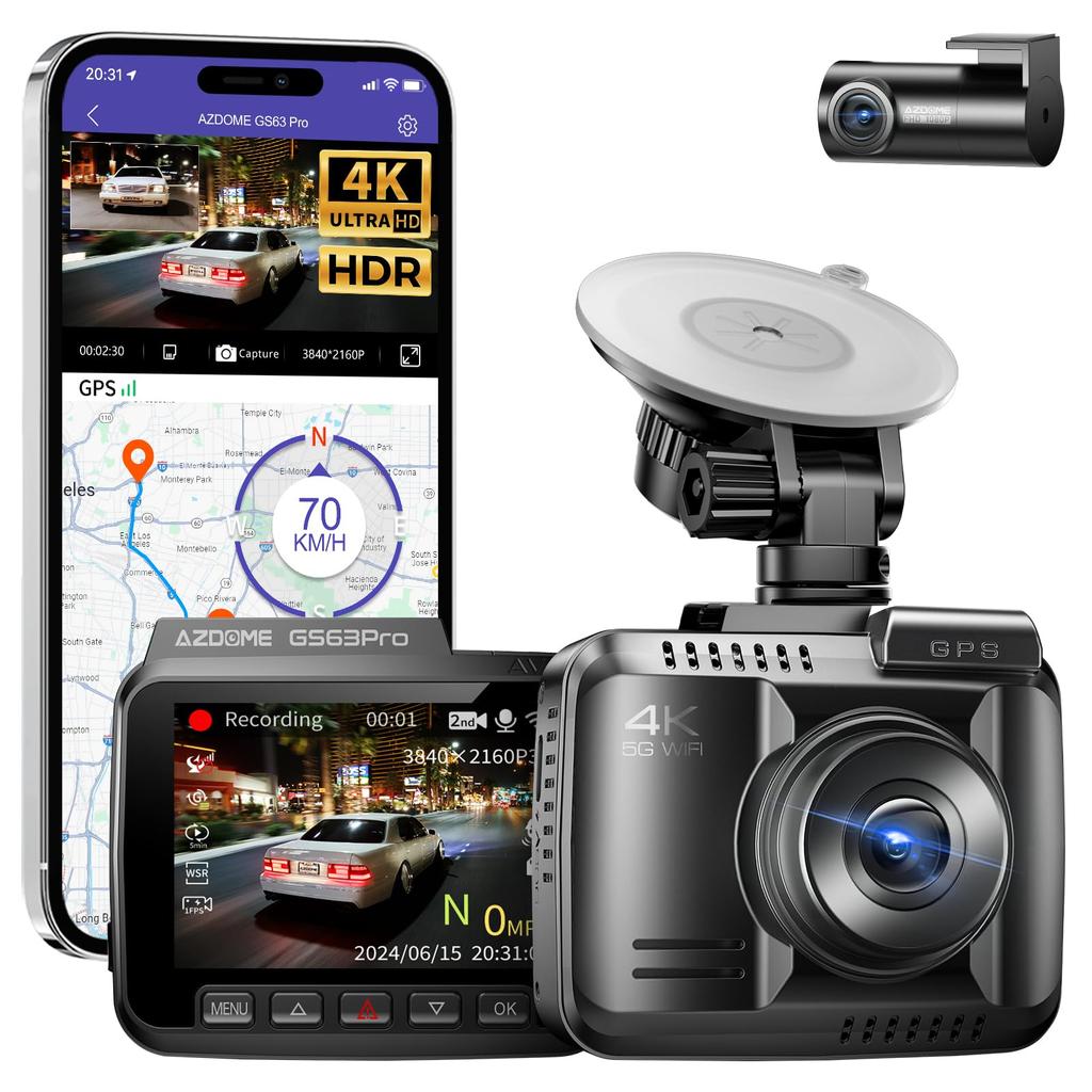 AZDOME Front and Rear 128GB eMMC No SD Card Parking Night Motion Overwrite GS63Pro Dashcam, Cameras, 4K+1080P, Built-in, Required, GPS, WiFi, HDR/WDR