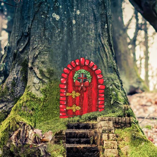 Garden Tree Fairy Door Decoration Outdoor Miniature Wooden Elf Door Ornament Fairytale World Tiny House Door Figurine Statue Sculpture Fairy