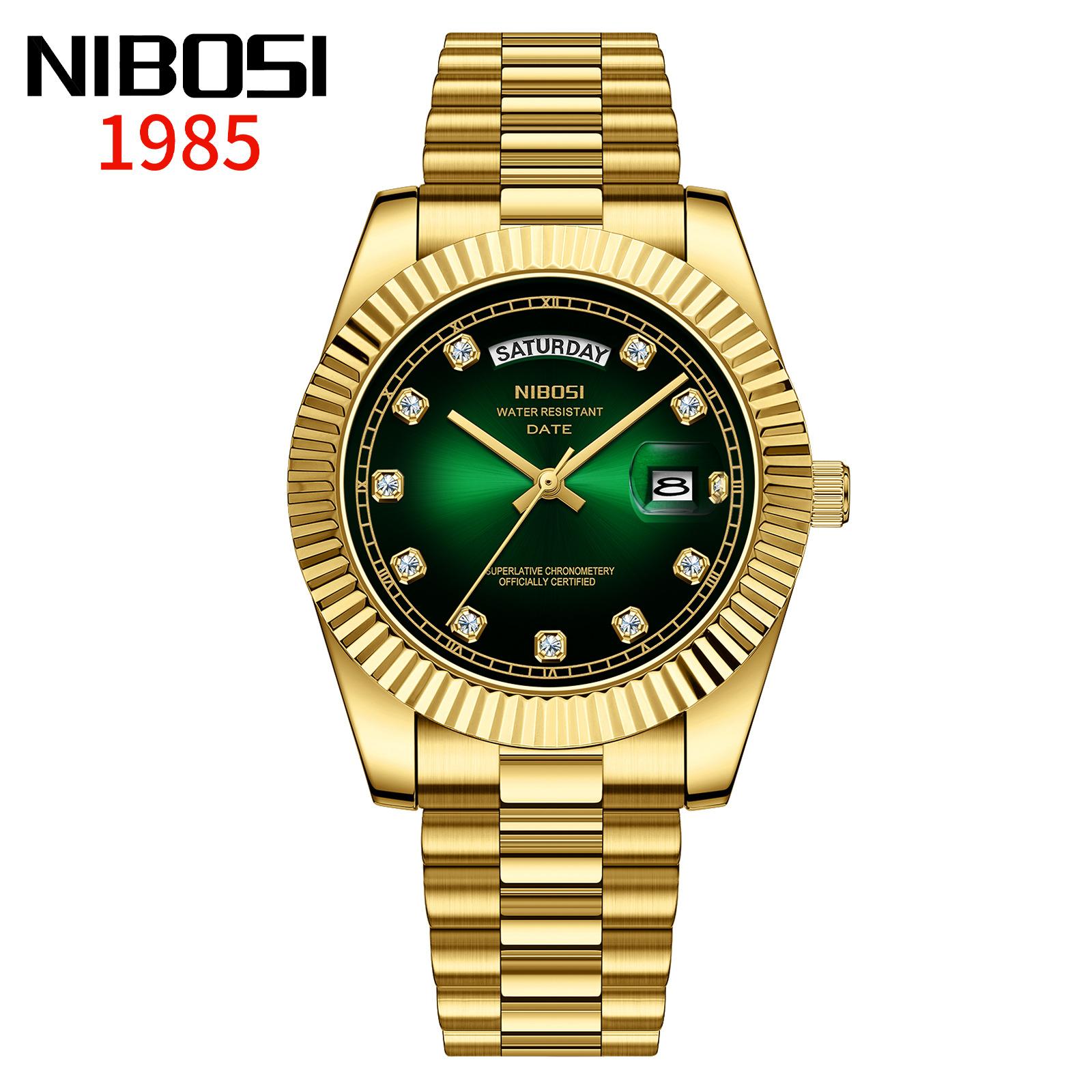 

NIBOSI Мужские часы Аналоговые кварцевые часы с датой Водонепроницаемые из нержавеющей стали Мужские наручные часы Классические часы зелёный/золотой