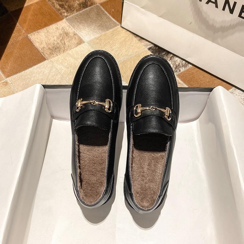 Genuine Leather SpringSeason and FallSeason Four Seasons Silent Work Gold Buckle Paint Glossy Round Head British Small Leather FootPairs Lady