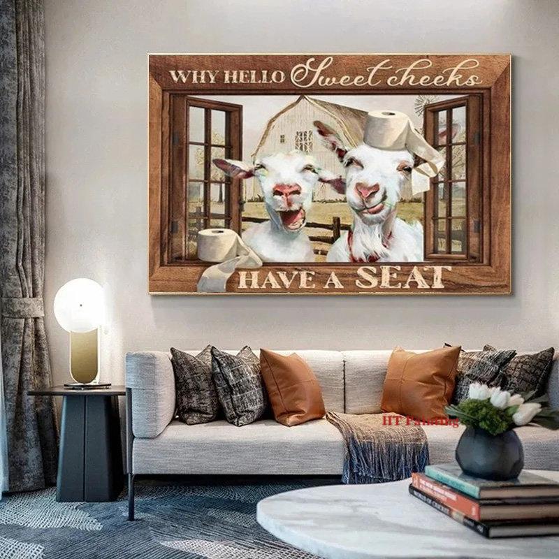 "Have a seat" Cows By The Window Poster Vintage Animals Cow Donkey Canvas Painting Farmhouse Wall Art Pictures Farm Home Decor