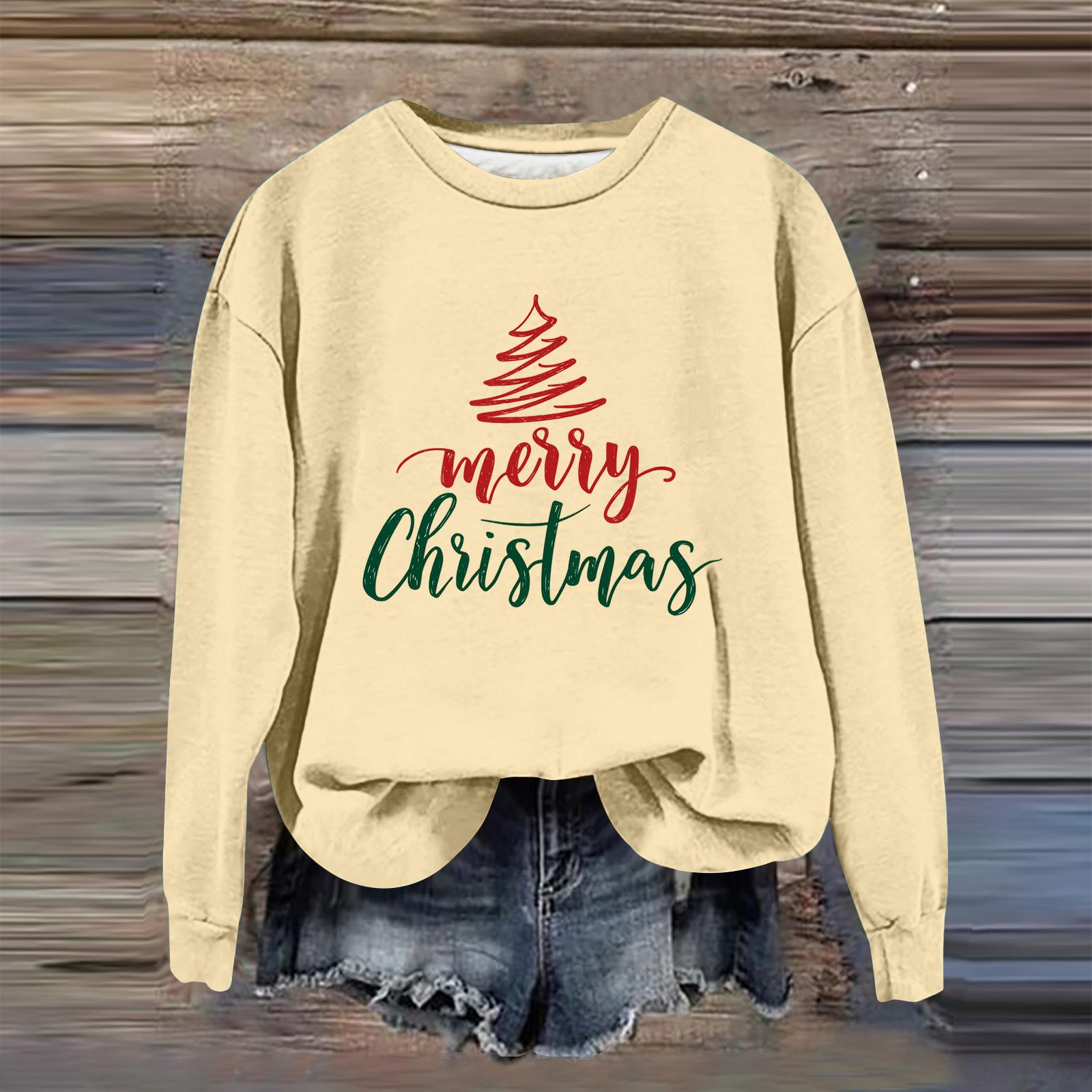 

Женский модный повседневный свитшот с длинным рукавом и свободного кроя с рождественским принтом S бежевый