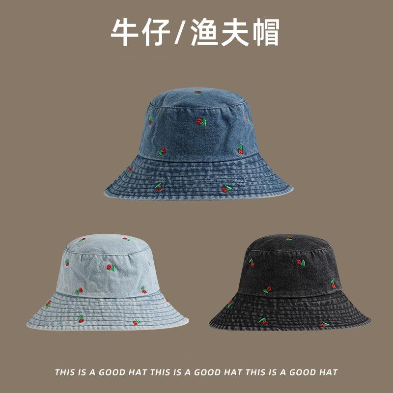 New hat female versatile fashion denim bucket hat embroidered cherry pattern wide brim sunshade basin hat