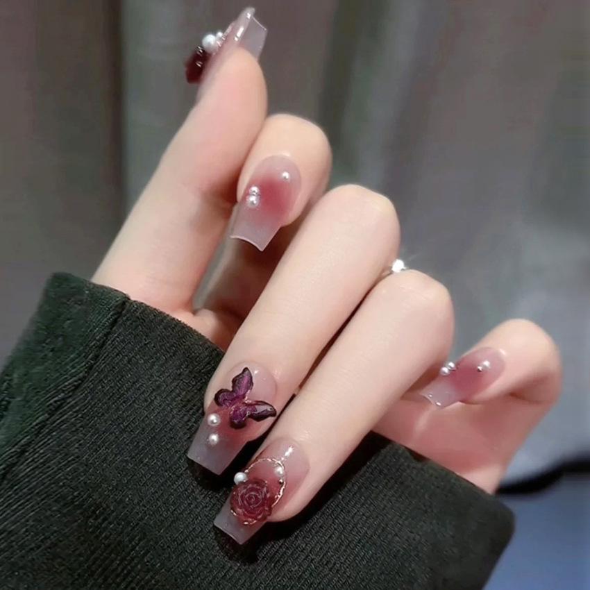 Purple Charm Medium-Length Butterfly Camellia Ballet Fake Nails - Blush Nail Art Stickers, Removable Tips N5186 [Glue Type]