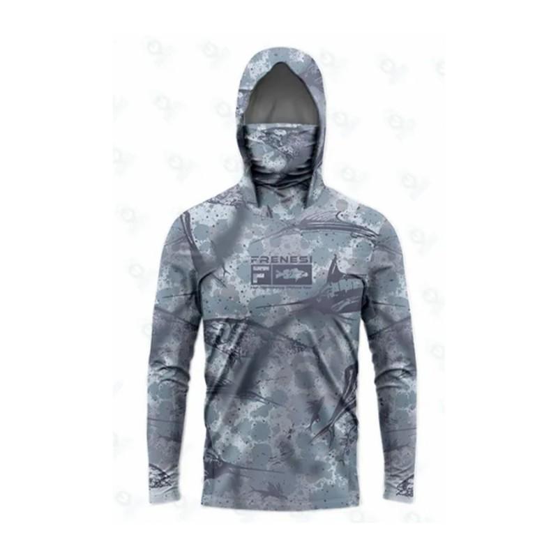 Mens Quick-Dry UV Protection Fishing Hoodie With Face Cover Long Sleeve Camo Outdoor Sport Shirt Hiking Camping