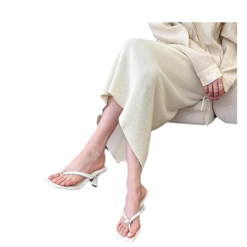 A Pearl White Flip-flop Sandals Women's 2025 New Summer Toe Stiletto High Heels Women's Slippers
