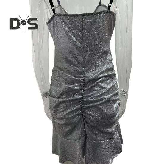 Women Slip Dress Ball Prom Party Mini Dress Sequin Slim Fit Backless Sleeveless Ruffle Hem Sling Dress Pleated Low-cut V Neck High Waist Summer Dress