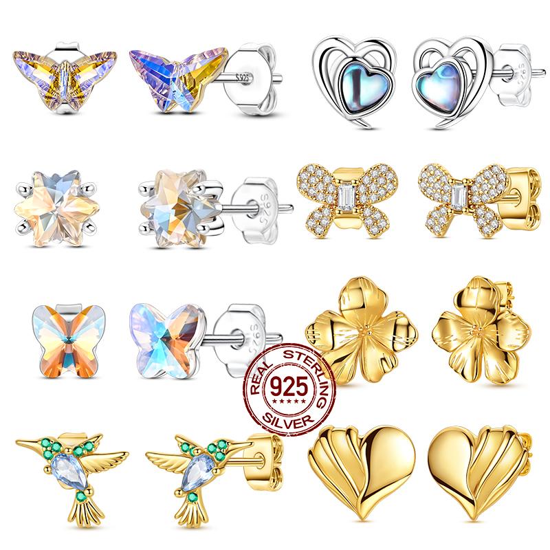 Original 925 Sterling Silver Stud Earrings Moonstone Heart Crystal Butterfly Gold Bowknot Earrings For Women Exquisite Jewelry