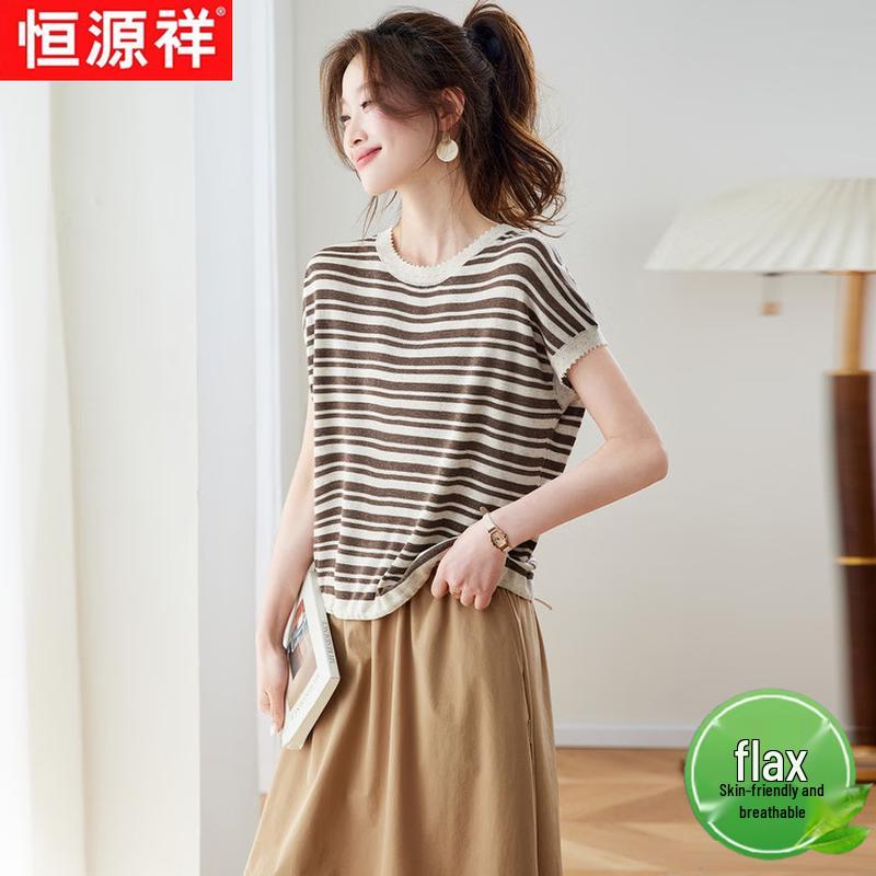 Hengyuanxiang Women s Summer Striped Round Neck Short Sleeve T-Shirt L
