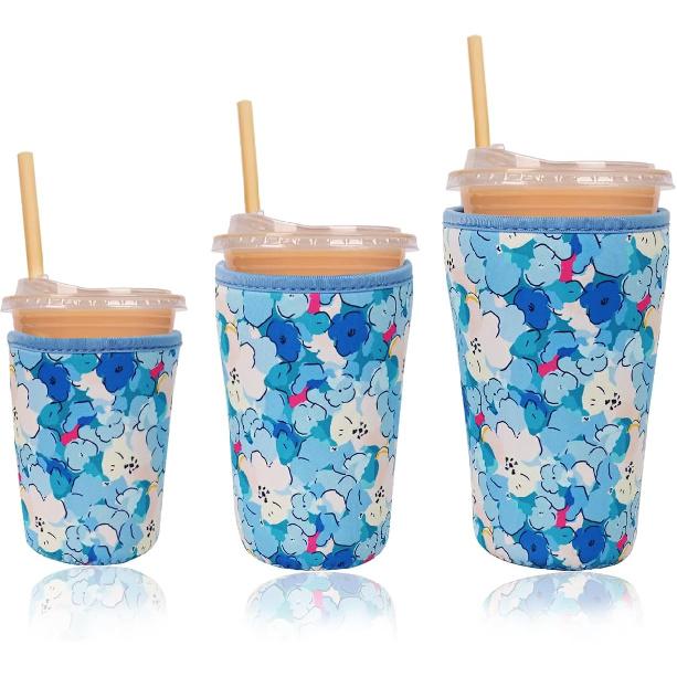 Reble Ulated Neoprene Iced Coffee Cup Sleeve, Durable Drink Sleeve for Cold Beverages, Beverage Holder for Iced Coffee, Floral Checkers