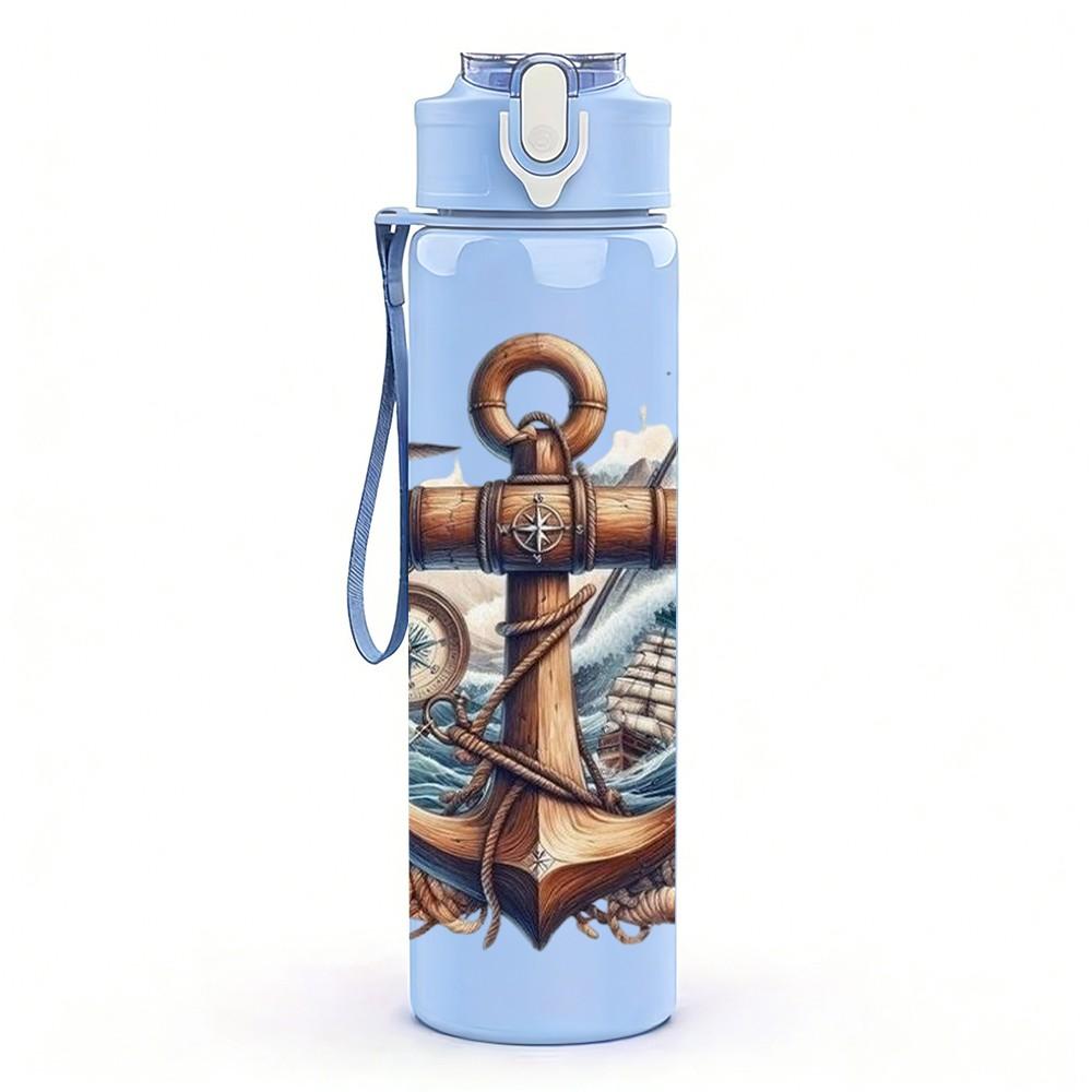 1PC Anchor Rose Nautical Pattern 750ml Color Plastic Sports Water Bottle Leakproof Flip Straw Lid Suitable for Sports Office Home Use