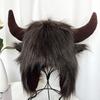 Furry Bull Hat Headwear with Cartoon Horns Halloween Gift Warm Soft Hat