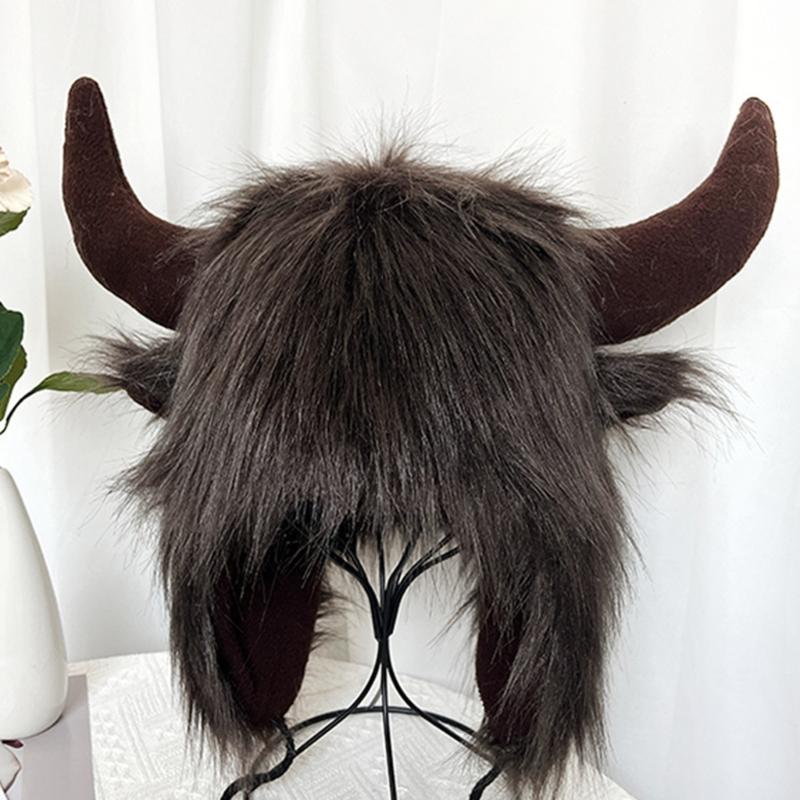 Furry Bull Hat Headwear with Cartoon Horns Halloween Gift Warm Soft Hat