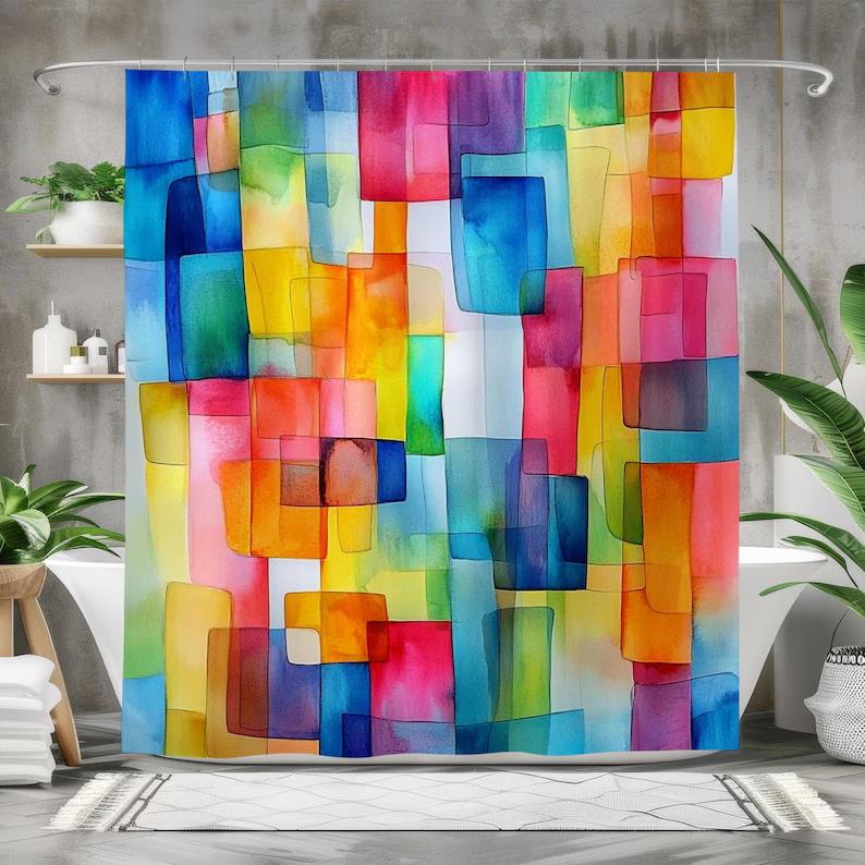 Abstract Watercolor Shower Curtain - Creative Geometric Art Design - Bathroom Decor Home Artistic Stained Glass Style Curtai