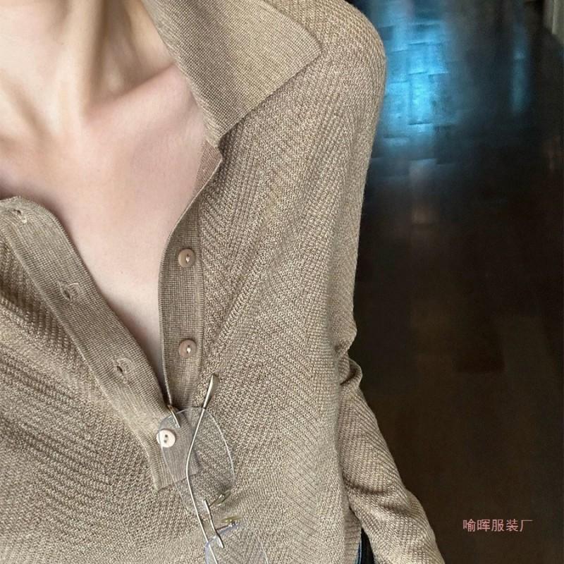 Minimalist Old Money Style Polo Neck Knit Sweater Womens Slim Fit Wool Blend Pullover Top