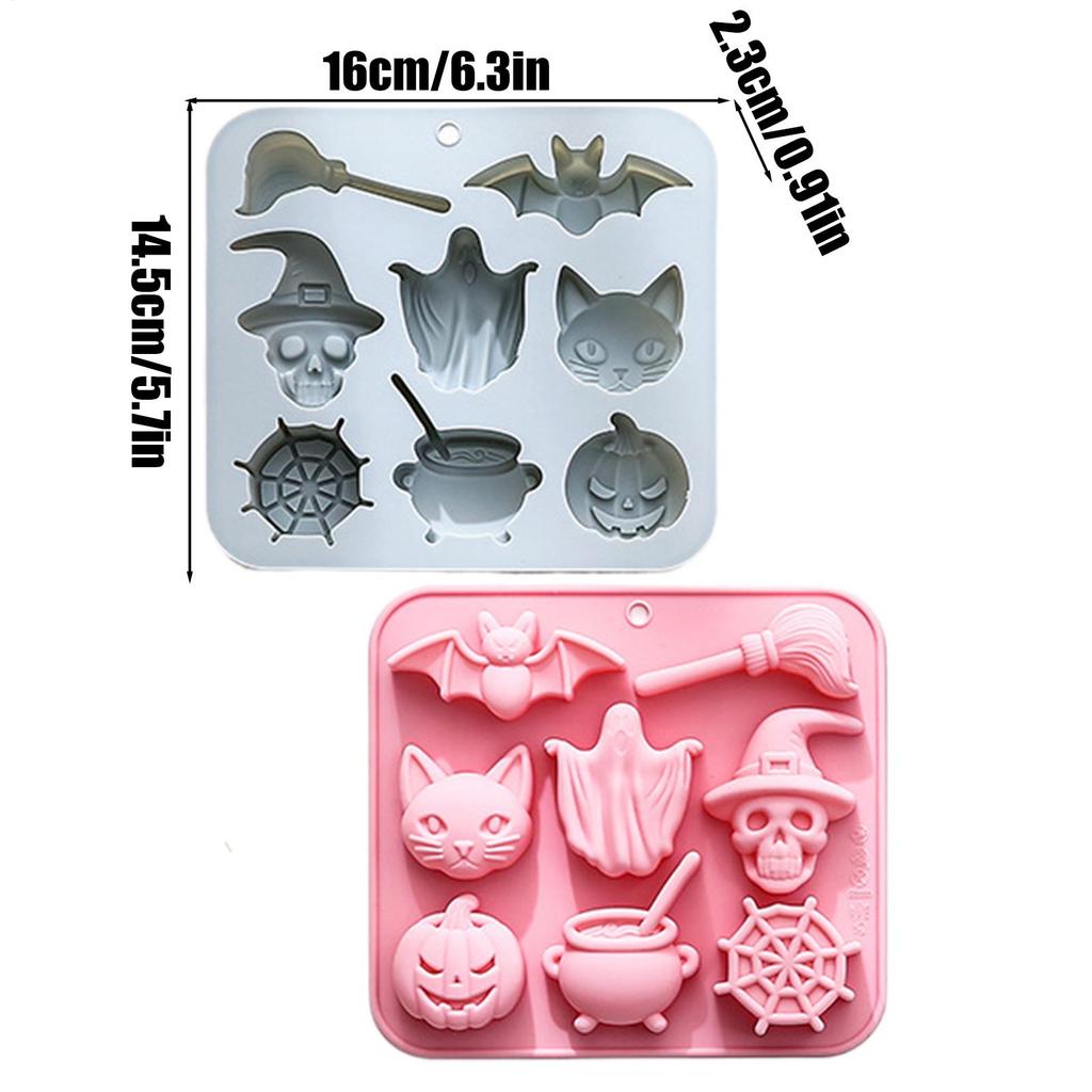 2 Pieces Halloween Theme Silicone Molds Set Cat, Bat, Ghost, Skeleton, Pumpkin, Big Pot, Spider Net Patterns Homemade Cake Mold