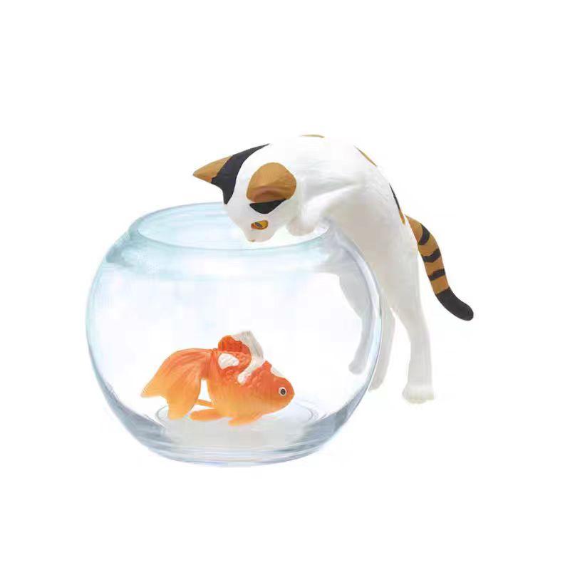 Genuine Action Figure Watching Goldfish Cat Gacha Catching Fish Three Flower Cat Black Cat Ornament Model Toys