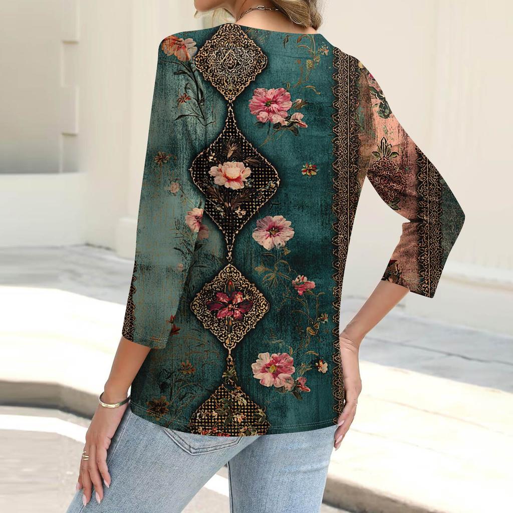 Women's Fashion Casual Print Button-down Shirt 3/4 Long Sleeve Tops
