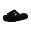 Fashion Aphixta Luxury Pearl Plush Furry Slipper Black Concise Women Indoor Bedroom Slippers Flat Heel Hair Slippers Round Toe Footwear