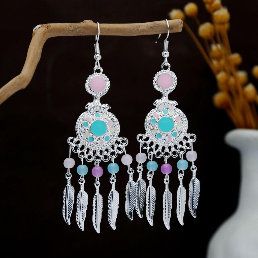Personalized Bohemian Miao Silver Geometric Tassel Earrings