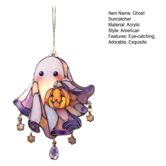 Cute Acrylic Ghost Suncatcher with Pumpkin Stained Glass Window Hanging Decor Halloween Wall Art Panel with Chain for Indoor Home Kitchen Decor