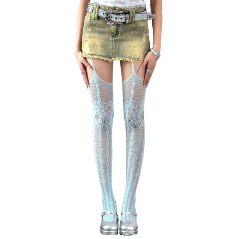 Women Subculture Fishnet Mesh Thigh High Stockings Sweet Heart Patterned Hollowed Garter Belt Pantyhose Suspender Tights