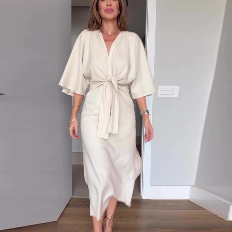 European & American Women's V-Neck Summer Dress 2025 - Casual Solid Color Short-Sleeve Slit Design