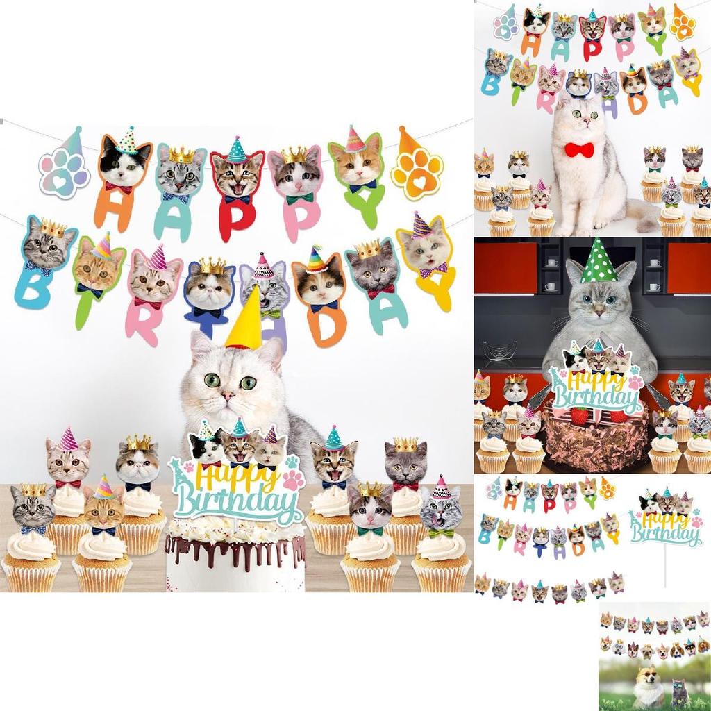 Adorable Cat Theme Birthday Party Decoration Set With Colorful Banners And Cake Toppers