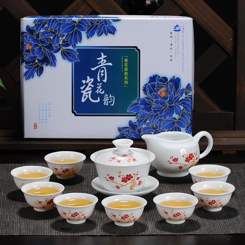 Kung Fu čajová souprava keramický čajový šálek bílý porcelán celá sada modrobílý čajový šálek víčko miska čajová souprava