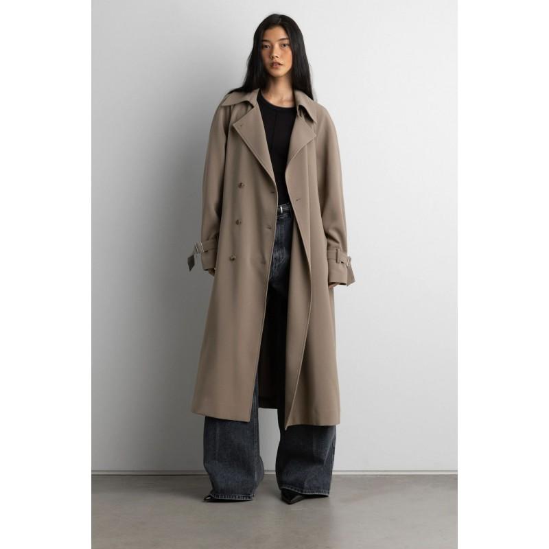Doppelreihiger Trenchcoat für Damen mit Stehkragen, Taillengürtel, lockerer Passform, langer Länge, übergroße Oberbekleidung in einfarbigen Farben
