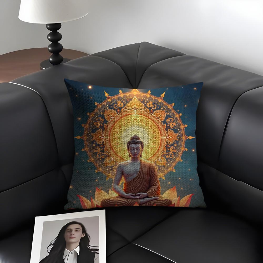Buddha Statue And Lotus Cushion Cover Natural Linen Organic Fabric DoubleSided Printing Sofa Home Decor Gift Pillow Case